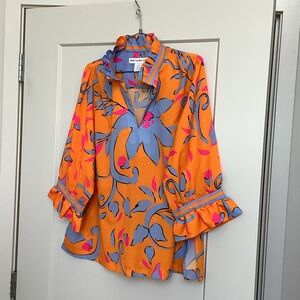 Gretchen Scott Designs Orange Floral Ruffle Blouse with Blue and Pink Accents